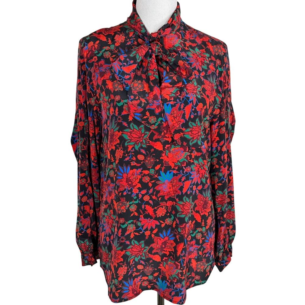 Rag & Bone Emily Floral Long Sleeve Tie‑Neck Silk Top, Size M - Picture 3 of 12